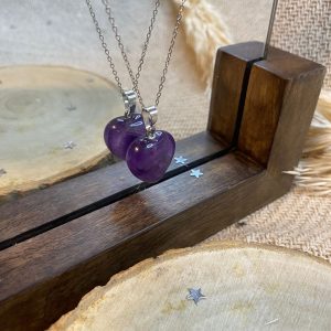 Pierre Violette Lithothérapie Pendentif avec Collier Acier Cœur Améthyste